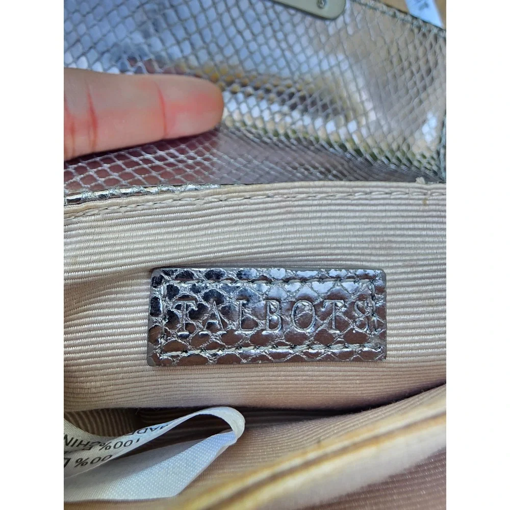 Talbots Womens Metallic Silver Snakeskin Embossed Leather Chain Crossbody Bag